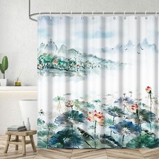 Watercolor Lotus Shower Curtain Flower Chinese Ink Painting Green 72x72