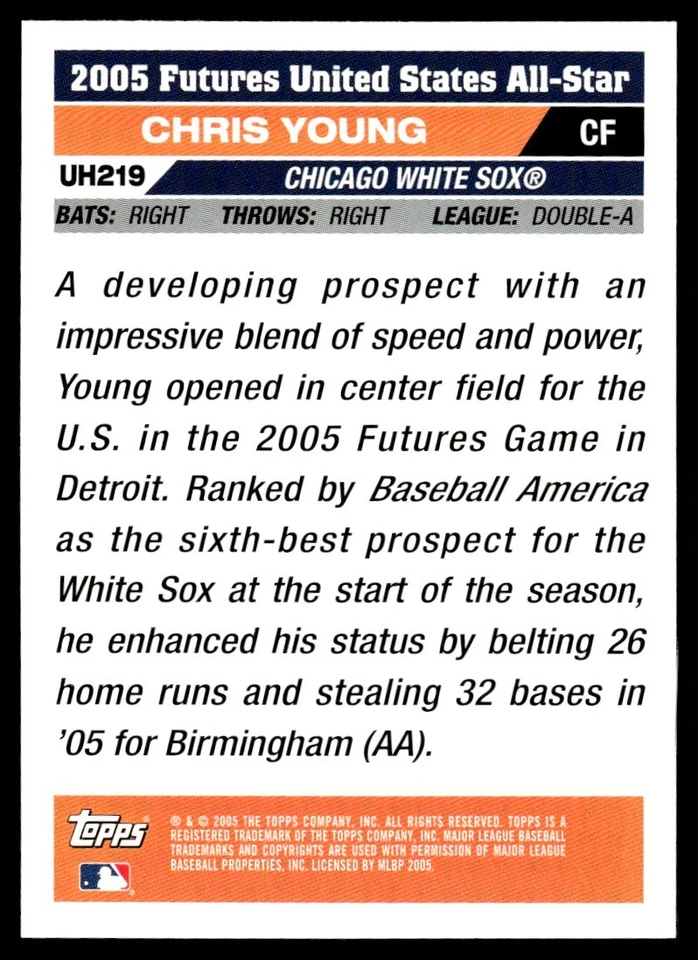 2005 Topps Updates & Highlights Chris Young Rookie Chicago White Sox #UH219 - Image 2 of 2