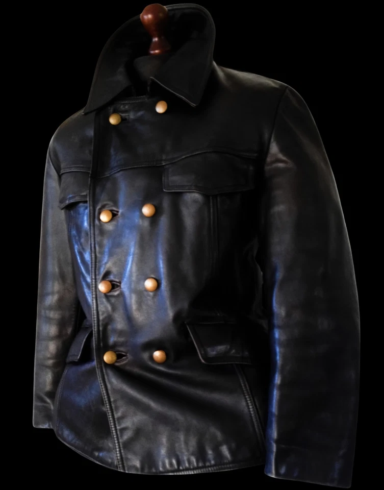 40s WW2 GERMAN LUFTWAFFE Leather POLICE PATROL OFFICERS Trench WW1 Coat Jacket L - Image 3 of 4