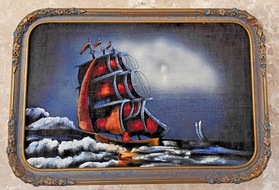 24''x16''  Vintage 70's Black Velvet Painting Sailing Ship At Night Ornate Frame