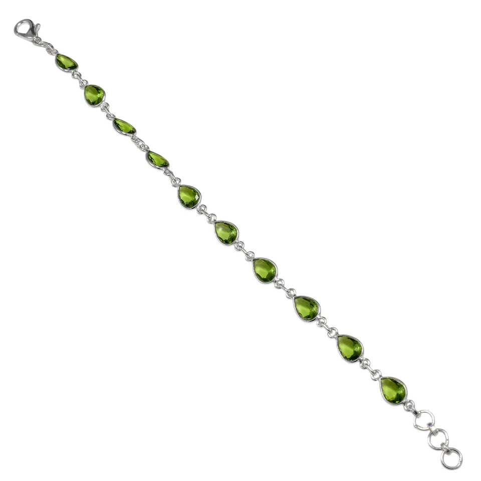 925 Sterling Silver Green Peridot Gemstone Handmade Jewelry Bracelet Size-8" - Image 4 of 4