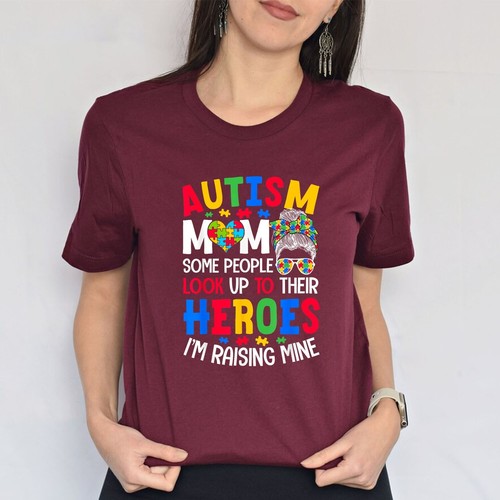 Autism Mom Raising Hero Groovy Messy Bun Autism Awareness Unisex T-Shirt - Picture 6 of 23
