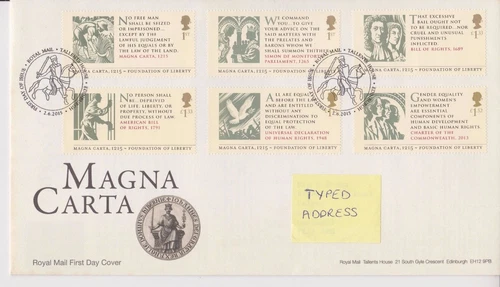 TALLENTS PMK GB ROYAL MAIL FDC 2015 MAGNA CARTA STAMP SET