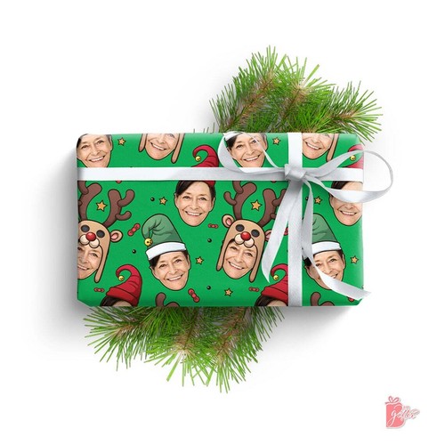 Personalized Gift Wrapping Paper Roll w/ Photo Face Cut Green Elf Red Santa Hat - Picture 2 of 14