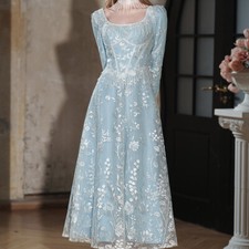 Retro Womens Long Blue Lace A-Line Dress Luxury Dress 2025 Birthday Party Dress