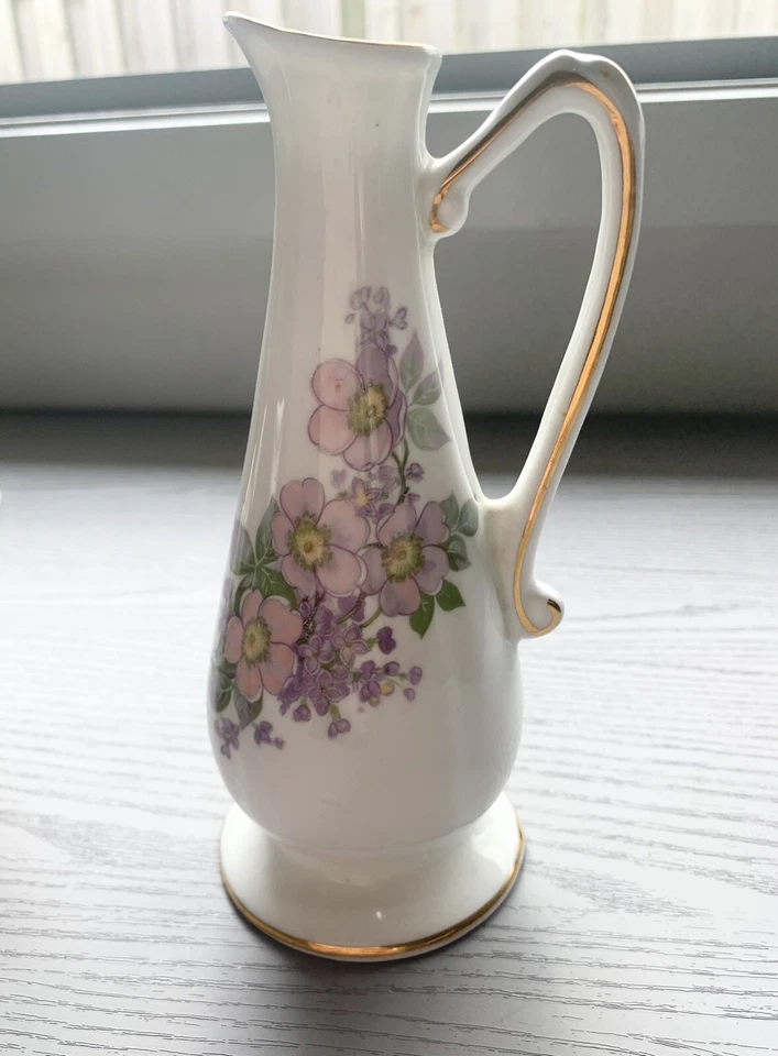 ROYAL TARA Vintage Bone China Swan Vase White Purple Floral Set Ireland Gilt - image 3 of 4