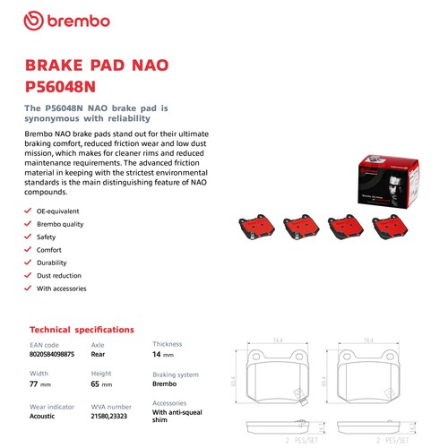 Brembo P56048N Rear Ceramic Disc Brake Pads Set for 2004-17 WRX STI / 03-09 350Z - Picture 5 of 14
