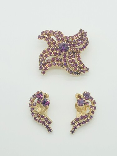 Vintage JULIANA/KRAMER/BIANCO? Set spille e orecchini fiori strass vetro viola - Foto 7 di 15