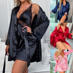 Sexy Lingerie Women Satin Sleepwear Kimono Robe Babydoll Nightgown Dress Chemise