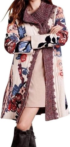 Anthropologie Embroidered Foret Cardigan Sleeping on Snow Size M Bird Flowers - Picture 4 of 8