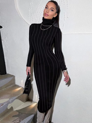 sexy long sleeve midi dress Black Ribbed Knit Plunge Neck Long Sleeve Midi Dress + Bralette