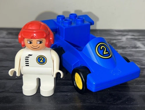 Vintage Lego Duplo Racer Blue Race Car #2 w/Driver