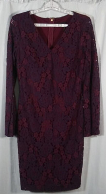 Donna Karan Dress Womens 2 New York Purple Lace Floral Overlay Bell Long Sleeve