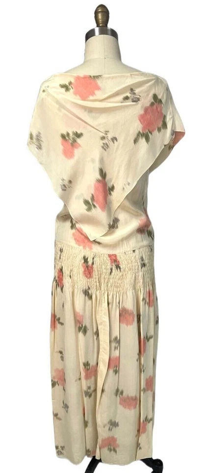 Antique 1920s Silk Tea Dress Watercolor Floral Smocked Waist Wedding Rare Find - Image 2 of 4