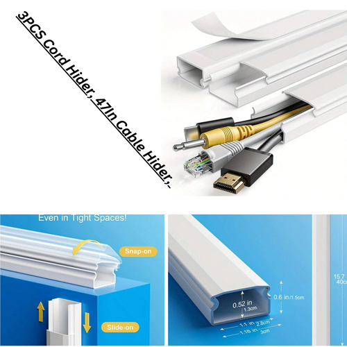 3PCS Cord Hider, 47In Cable Hider, 3 Cord Cover Wall Paintable Cable