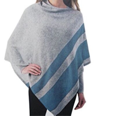 Celeste Wool/Cashmere Blend Poncho in Quicksilver/Blue Heron one side fits 