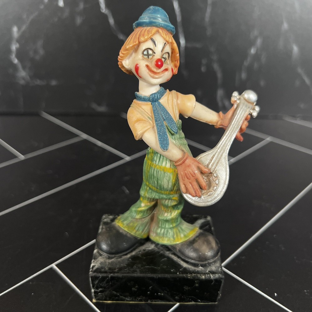 Fontanini Clown Playing Lute Vintage Made in Italy Marble Base