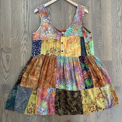 Vintage Indonesian Babydoll Patchwork Batik Dress in Multicolor Print Size Large