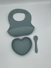 Blue Silicone Baby Feeding Set - 1 Bib, 1 Plate, 1 Spoon 