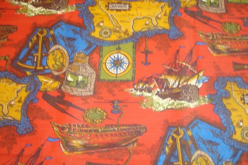 Vtg 3 yds Nautical Fabric Maps Ship Voyage drapery Cotton Red 44" x 108" BTP - Picture 5 of 7