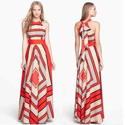 ELIZA J Poppy Stripe Scarf Print Crepe de Chin Bow Tie Back Maxi Gown Dress 0P