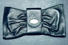 New BCBG Paris Black Leather Bow Shaped Clutch Bag Purse Zip Closure 11.25" x 6"