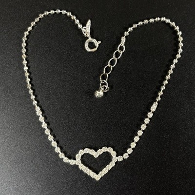 AVON Silver Tone Heart Ankle Bracelet Sparkling Rhinestone Ball Chain 8.75-9.75''