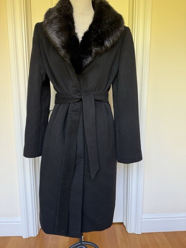 NWT  TALBOTS Black Wool Blend Coat Removable Faux Fur Collar Long Belted 8 - Picture 1 of 6