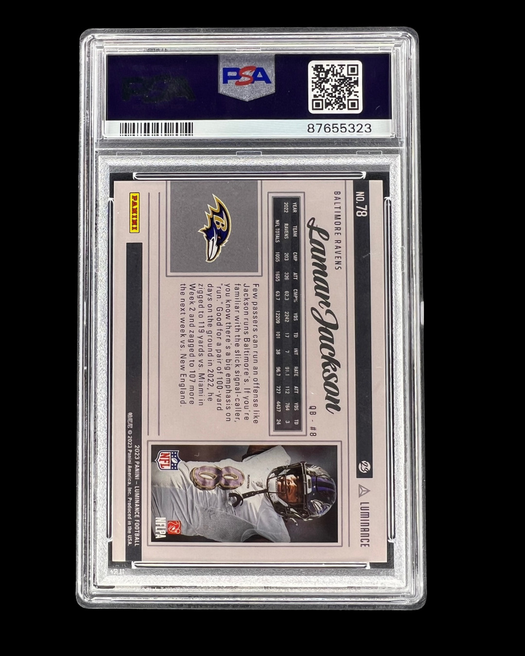 Lamar Jackson 2023 Panini Luminance Teal PSA 9 /35 #78 Baltimore Ravens view 3