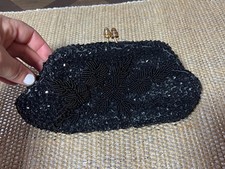Vtg Black Beaded Sequin Evening Bag Clutch Kiss Lock Handmade Hong Kong min wear