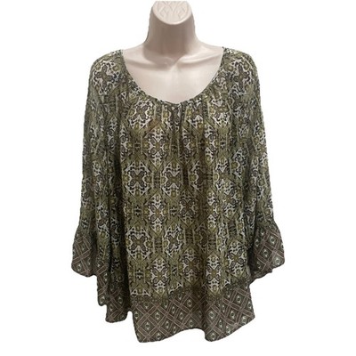 db established 1962 Women s Plus Sz 2X 3/4 Sleeve Green Geo Medallion Peasant ￼