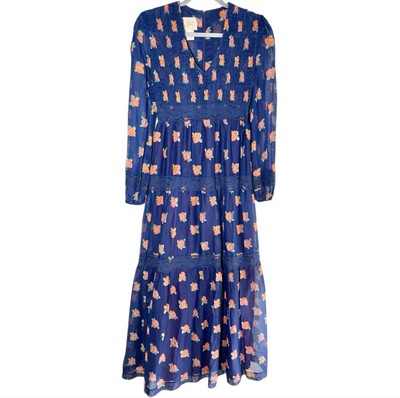 Rae Dolls Vintage Prairie Dress 70 s Maxi Boho Floral Lace Tiered Blue Size 5