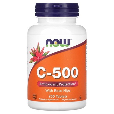 Now Foods C-500 With Rose Hips 250 Tablets GMP Quality Assured, Kosher, Vegan,
