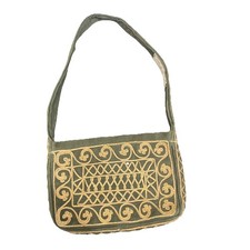 Olive Green Velvet Shoulder Bag 70s Dead Stock Hippie Gold Embroidery Bohemian