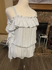 NEW Belle + Sky Off The Shoulder Blouse Sz M Ruffle Tie Sleeves romantic blue