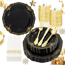 Ciaell 175 PCS Black and Gold Plastic Plates - Black Disposable Dinnerware Set w