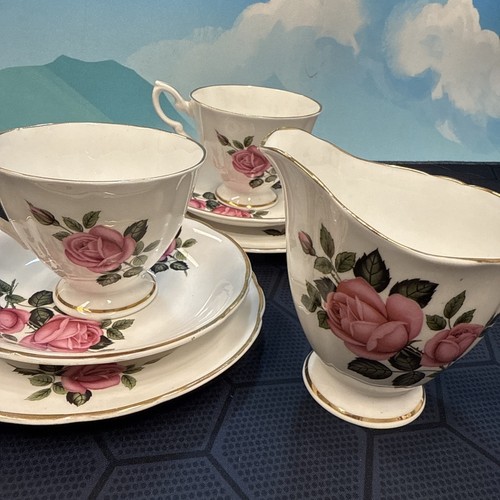 Vintage Staffordshire Fine Bone China Cream Jug and 2 Trios Roses - Picture 3 of 10
