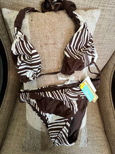 NWT 2PC Bikini M HALTER BRA BY RAISINS SWIM SUIT BROWN SUNSET PANT REVERSIBLE