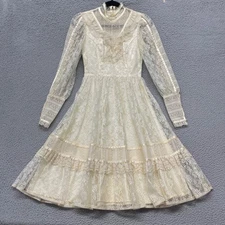 Gunne Sax Dress Womens 3 Cream Lace Bridal Ruffle Victorian Sheer Buttons Vtg