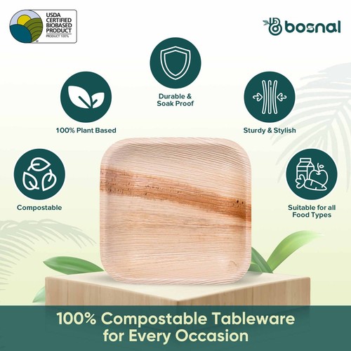 Bosnal - Palm Leaf Biodegradable Plates; 7 inch, Square, 25 Pcs - Picture 2 of 7
