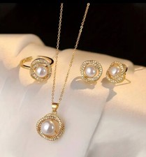Jewelry Set Elegant 4 Piece Pearl Necklace Earrings Ring Jewelry New For Gift