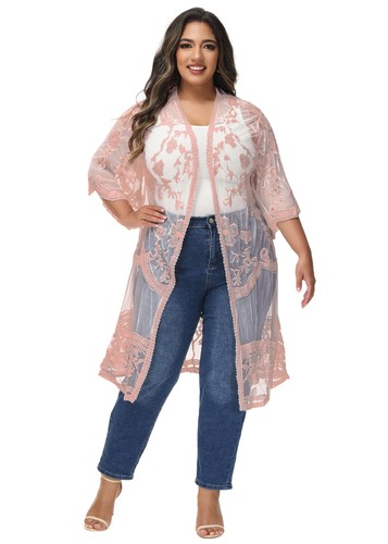 Plus Size Open Front Lace Floral Crochet Cover Up Long Kimono Cardigan - Picture 12 of 28