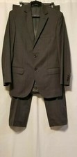 Mens 2 piece suit, drk grey w/crisscross pinst, lined, single breasted, 2 button