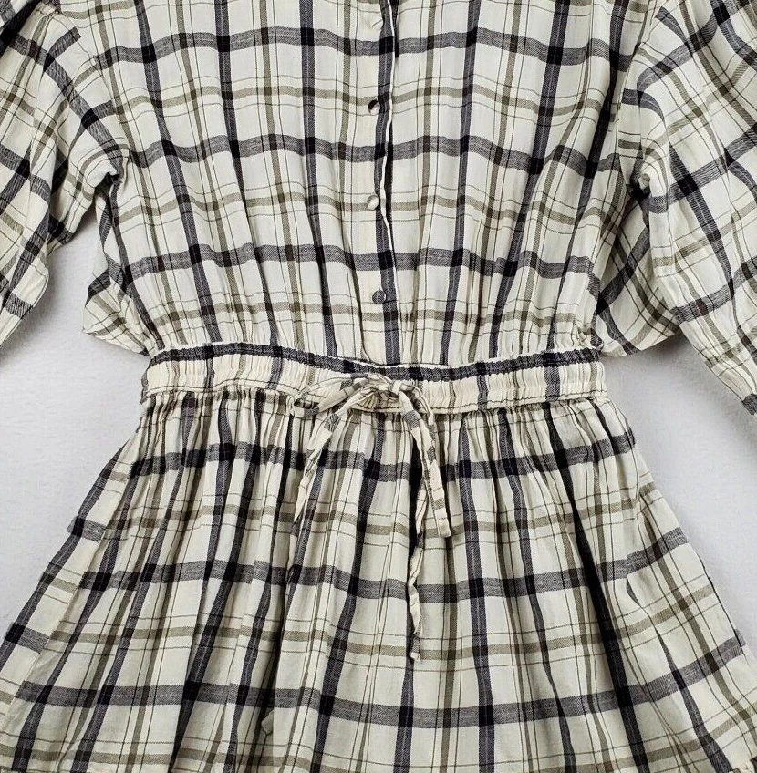 Asos Design Mini Skater Shirt Dress Women 12 CreamBlack Plaid Cotton Drawstring - Image 4 of 4