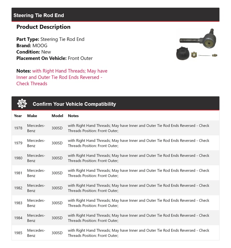 Para Mercedes-Benz 300SD 1978-1985 extremo de barra de dirección exterior delantero MOOG 1978 Foto 2 de 4