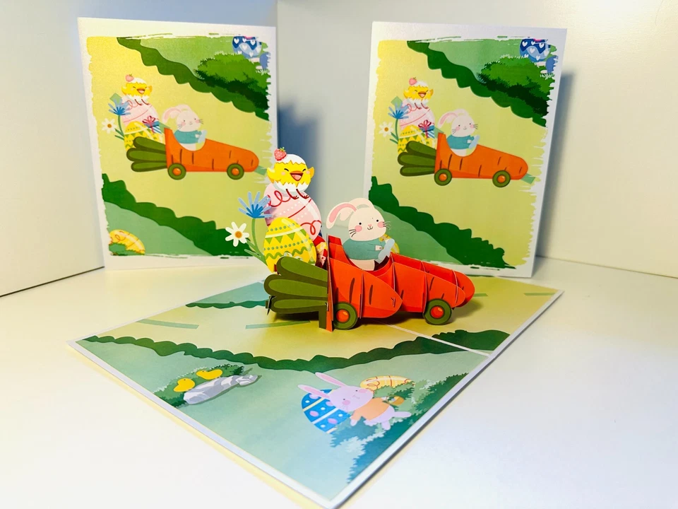 Happy Easter Bunny Rabbit Egg in Carrot Car 3D Pop Up Greeting Card Handmade - Image 2 of 4