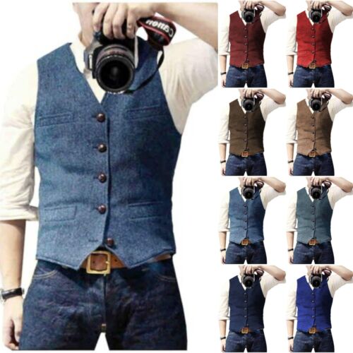 Mens Tweed Vest Western Cowboy Groom Bestman Formal Waistcoat M Large XL XXL 3XL - Afbeelding 1 van 23