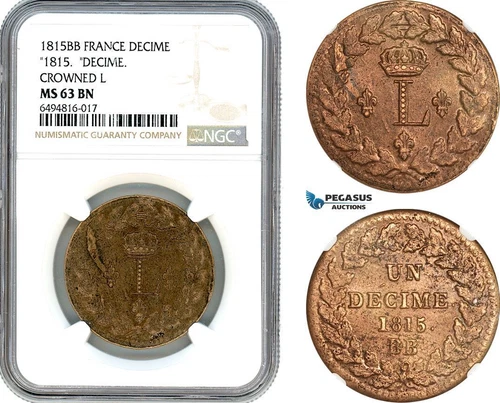 A7/200, France, First Republic, Decime 1815 BB, Strasbourg Mint, NGC MS63BN