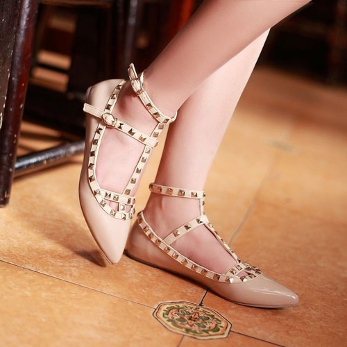 Lady's Fashion Punk Metal Studded Point Toes Ankle Strap Flats Causal Shoes Sz - Picture 8 of 14