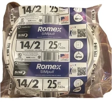 Southwire Romex Brand Simpull Solid Indoor 14/2 W/G NMB Cable 25ft coil White 